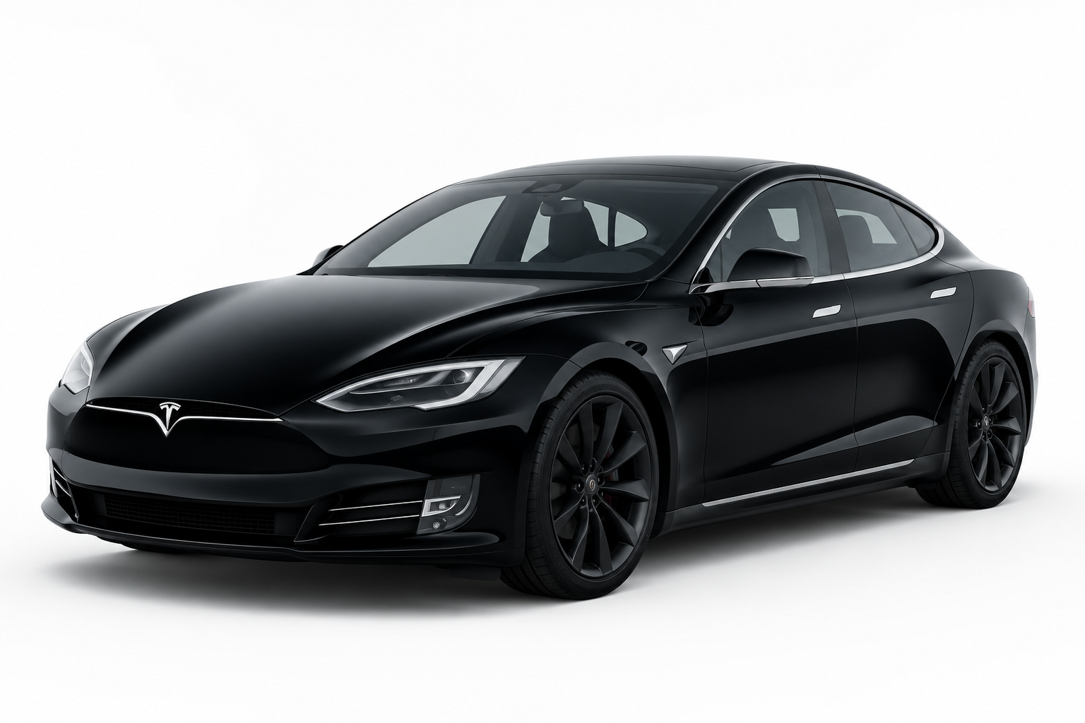 Black electric luxury sedan, studio three-quarter front angle