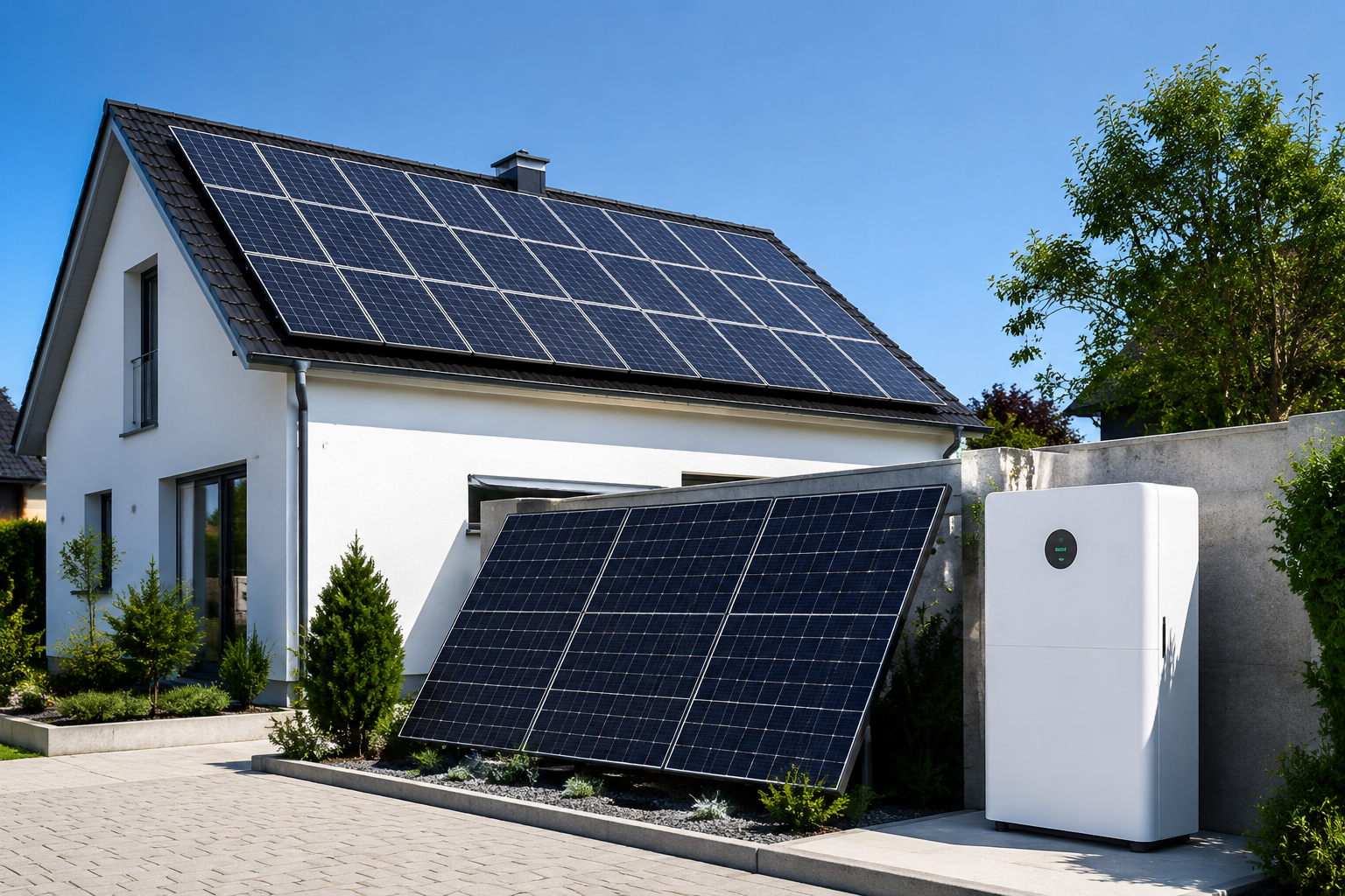 Solar panels and home battery in front of a minimal white house