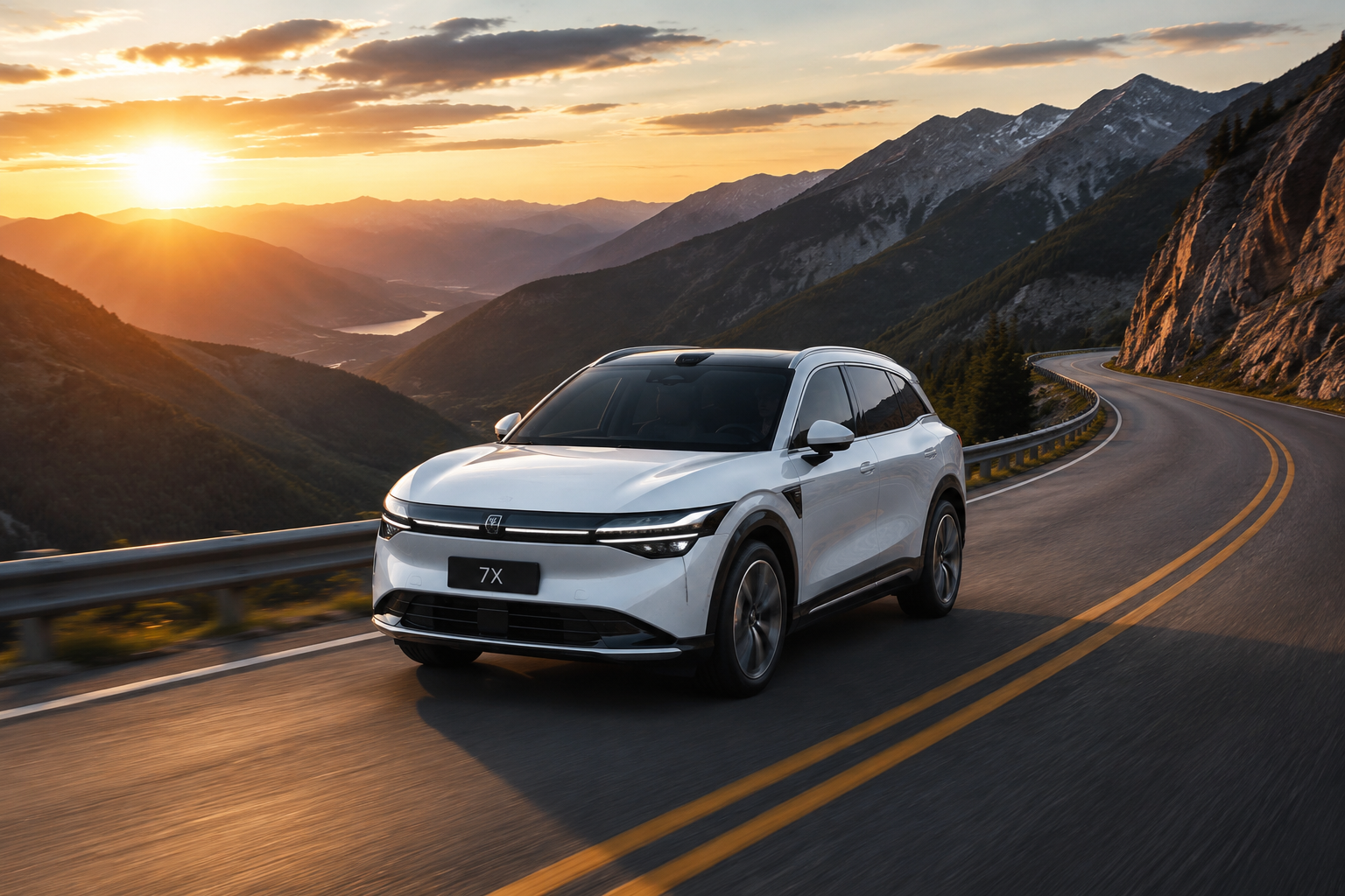 White electric SUV driving on a mountain road at golden sunset