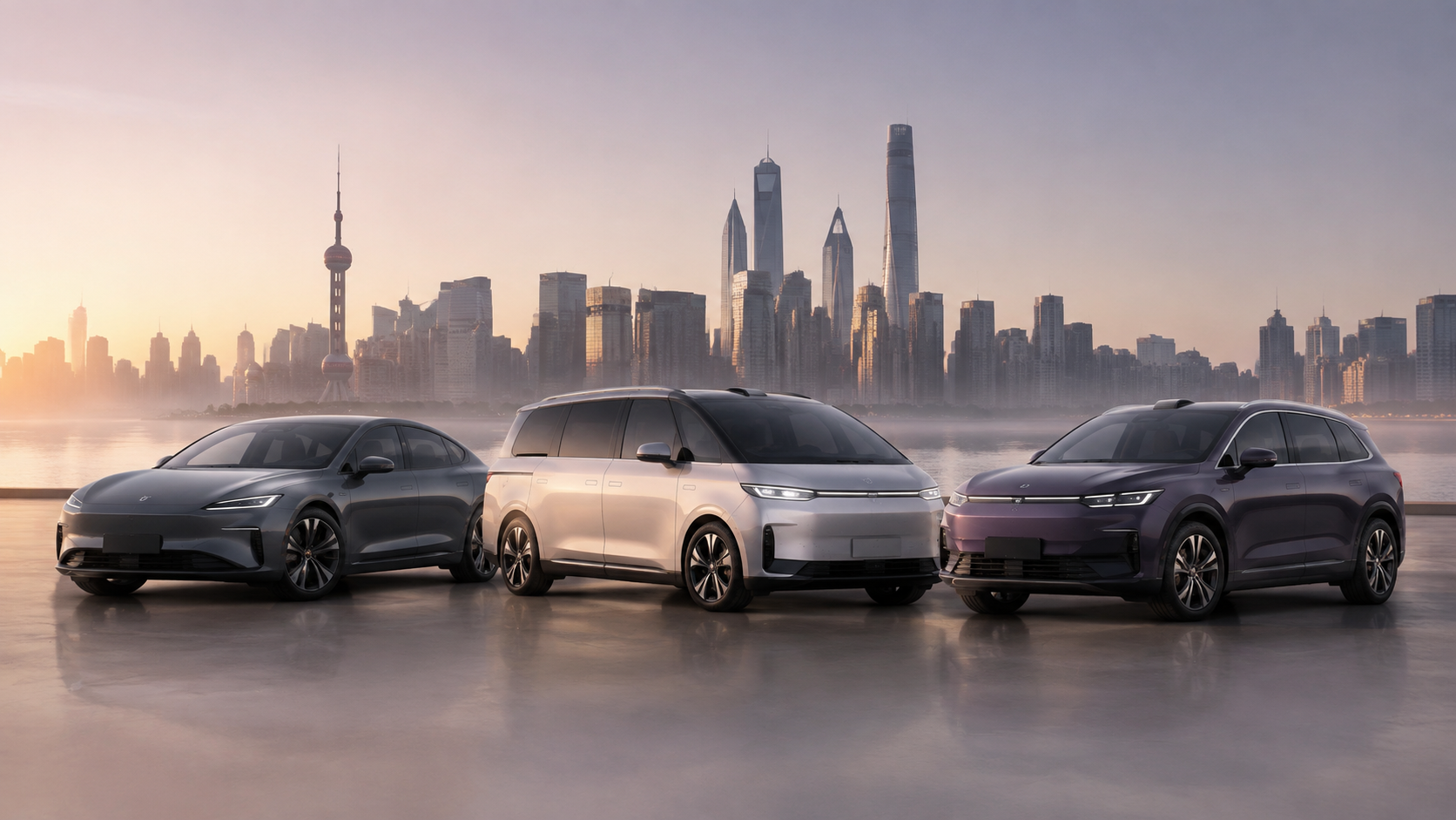 Three modern electric vehicles on polished concrete against a hazy cityscape at dawn